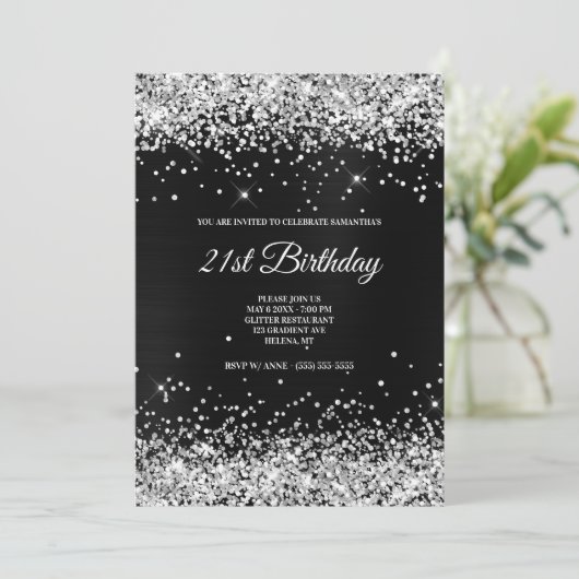 Faux Sparkly Silver Glitter Dark Grey Black Folie Kaart (Staand voorkant)