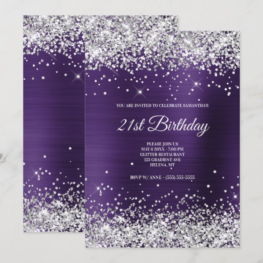 Faux Sparkly Silver Glitter Donkere Violet Folie Kaart (Voorkant / Achterkant)