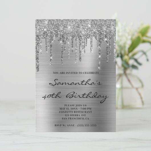 Faux Sparkly Silver Glitter Drift Folie Birthday Kaart (Staand voorkant)