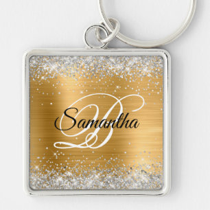 Faux Sparkly Silver Glitter Gold Foil Monogram Sleutelhanger