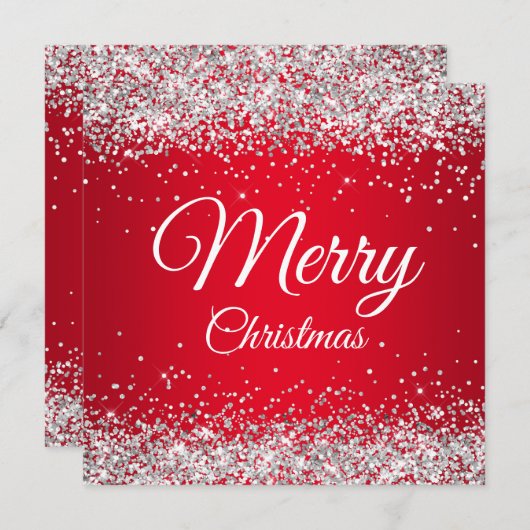 Faux Sparkly Silver Glitter-kerstrood Kaart (Voorkant / Achterkant)