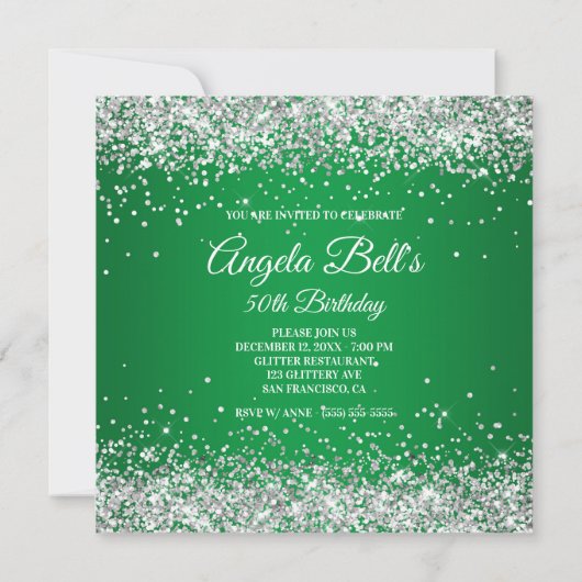 Faux Sparkly Silver Glitter Monogram Green Ombre Kaart (Achterkant)