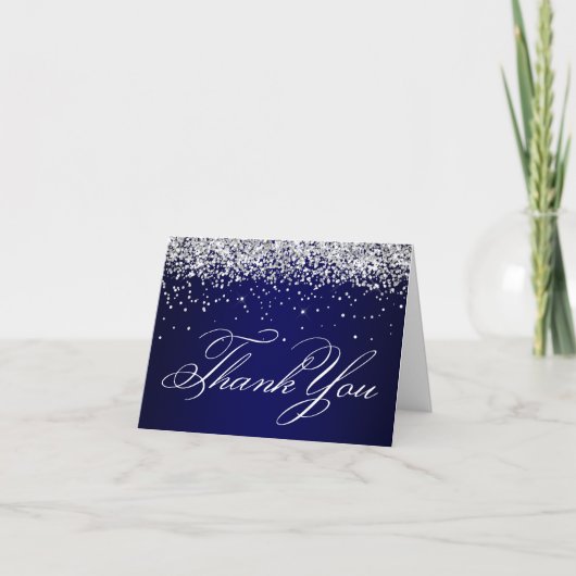 Faux Sparkly Silver Glitter Navy Blue Bedankkaart (Voorkant)