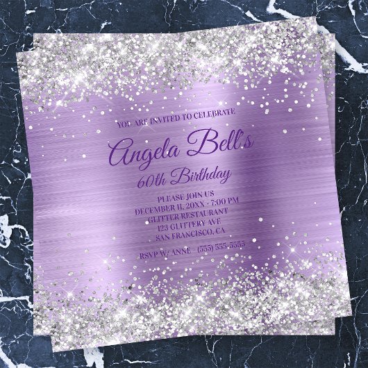Faux Sparkly Silver Glitter Purple Brushed Foil Kaart