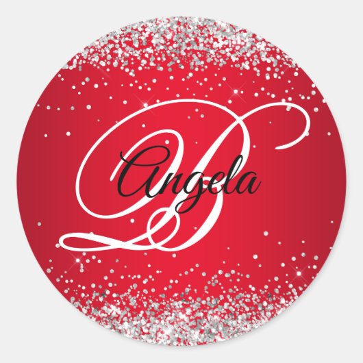 Faux Sparkly Silver Glitter Red Ombre Monogram Ronde Sticker (Voorkant)