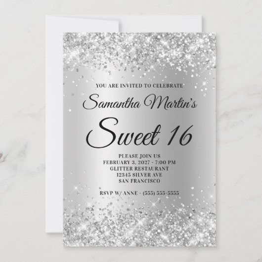 Faux Sparkly Silver Glitter Satin Folie Sweet 16 Kaart (Voorkant)