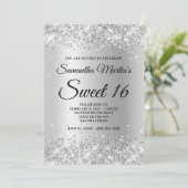 Faux Sparkly Silver Glitter Satin Folie Sweet 16 Kaart (Staand voorkant)
