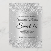 Faux Sparkly Silver Glitter Satin Folie Sweet 16 Kaart (Voorkant / Achterkant)