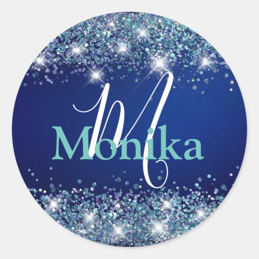 Faux Sparkly Zeemeermin Glitter Blauwe Oceaan Mono Ronde Sticker (Voorkant)