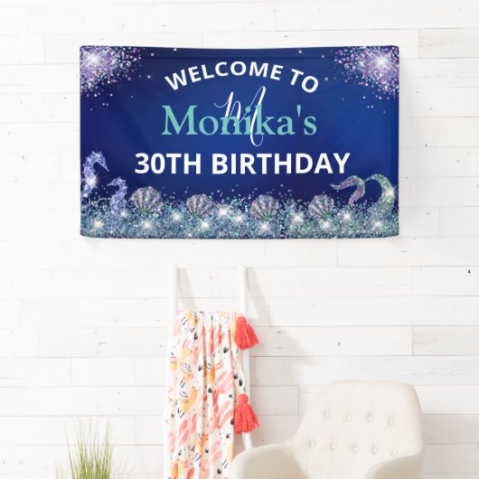 Faux Sparkly Zeemeermin Glitter Blauwe Oceaan Mono Spandoek (Insitu)