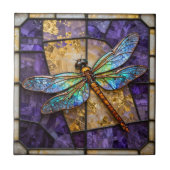 Faux Stained Glass Dragonfly Purple Gold Mosaic Tegeltje (Voorkant)