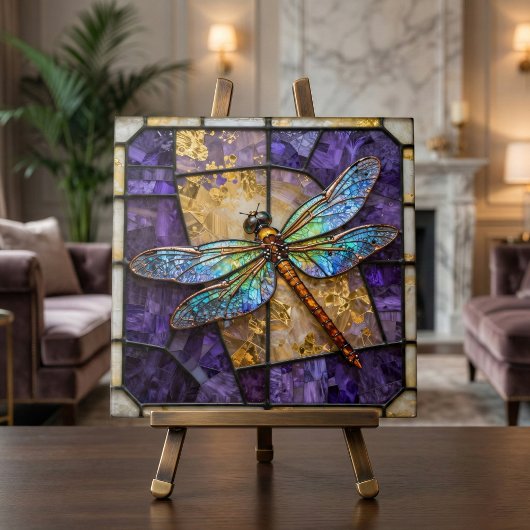 Faux Stained Glass Dragonfly Purple Gold Mosaic Tegeltje