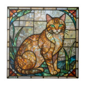 Faux Stained Glass Orange Ginger Tabby Cat Art Tegeltje (Voorkant)