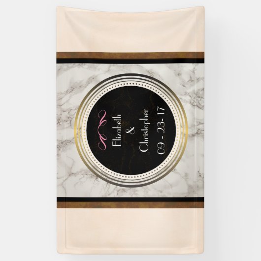 Faux Taupe Marmer met Zwart en Gouden Bruiloft Spandoek (Verticaal)