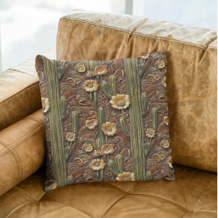 Faux Tooled Cactus Desert Leather Western Kussen