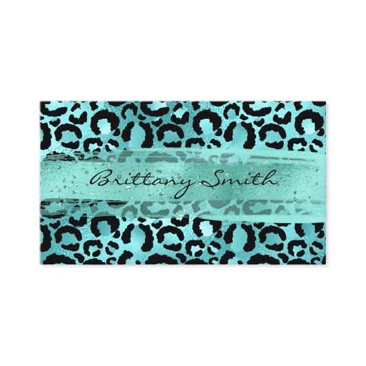 Faux Turquoise Blauwgroen Folie Leopard Aqua Brush Visitekaartje