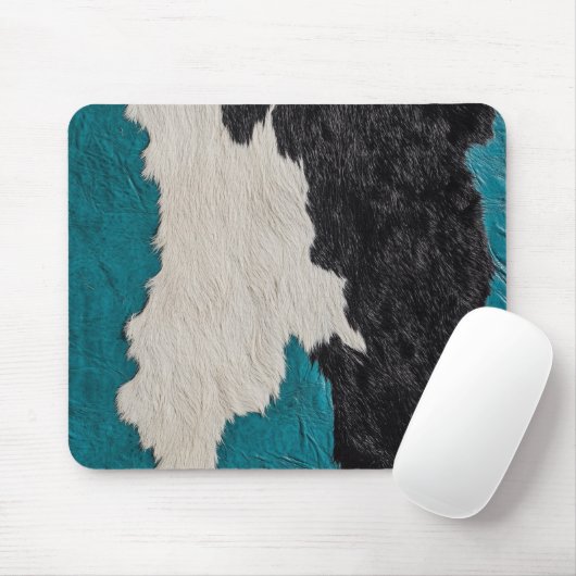 Faux Turquoise Leather Koe Spotted Hide fur Muismat (Met muis)