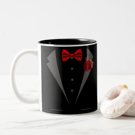 Faux Tuxedo pak met rode boog Stropdas Tweekleurige Koffiemok (Met donut)