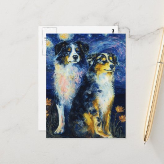 Faux Van Gogh Two Austrailian Shepherds Briefkaart (Voorkant / Achterkant in situ)
