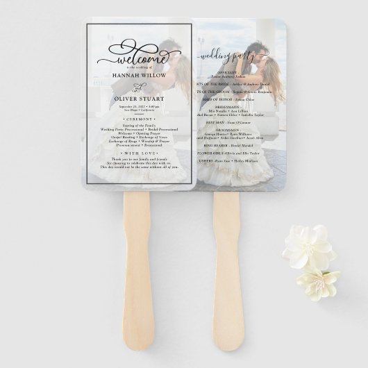 Faux Vellum Effect Overlay Photo Wedding Programme Handwaaier (Voorkant en achterkant)