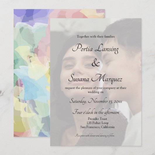Faux Vellum Effect Rainbow LGBTQ Wedding Invite Kaart (Voorkant / Achterkant)