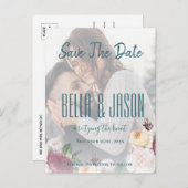 Faux Vellum Floral Photo Wedding Save the Date Briefkaart (Voorkant / Achterkant)