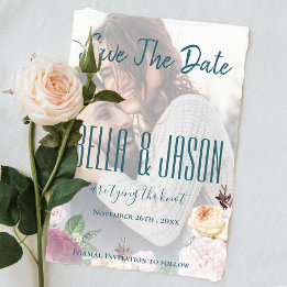 Faux Vellum Floral Photo Wedding Save the Date Magnetische Uitnodiging