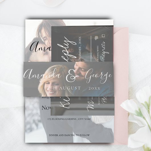 Faux Vellum Foto Elegant Script Bruiloft Uitnodigingen Wikkel