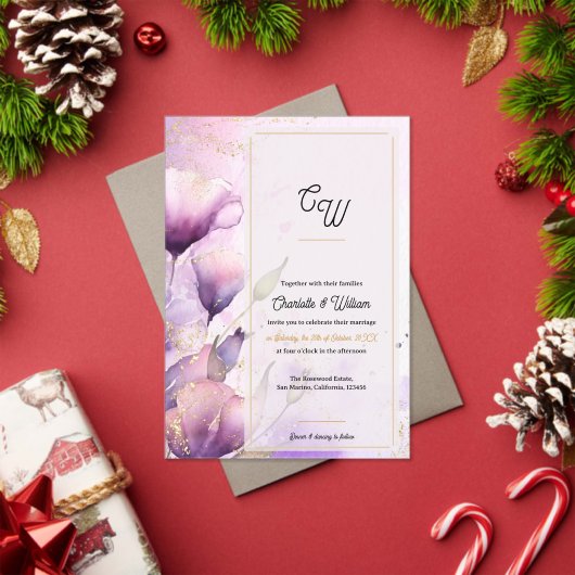 Faux Vellum Purple Floral Monogram Wedding Acryl Uitnodigingen (Insity (Feestdagen))