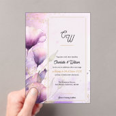 Faux Vellum Purple Floral Monogram Wedding Acryl Uitnodigingen (Insitu (Draagbaar))