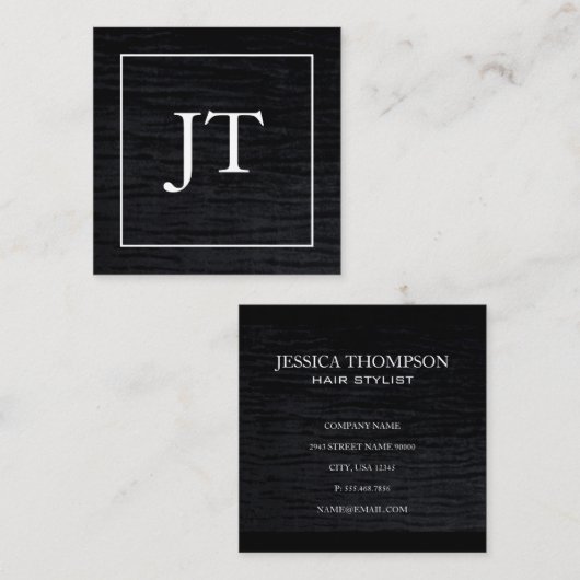 Faux Velvet Zwart Wit Border Monogram Vierkante Visitekaartje (Voorkant / Achterkant)