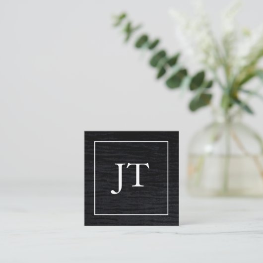 Faux Velvet Zwart Wit Border Monogram Vierkante Visitekaartje (Staand voorkant)