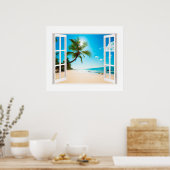 Faux-venster met Beach en Ocean Custom Sizes! Poster (Keuken)
