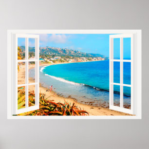 Faux-venster met strand Ocean Poster