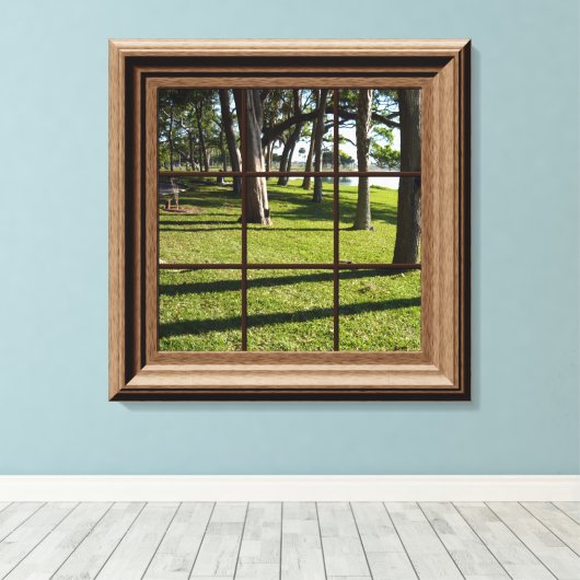 Faux-venster Uitzicht vreedzaam landschap met bome Canvas Afdruk (Insitu (Houten vloer))