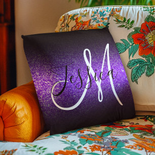 Faux Violet Glitter Black Ombre Monogram Kussen