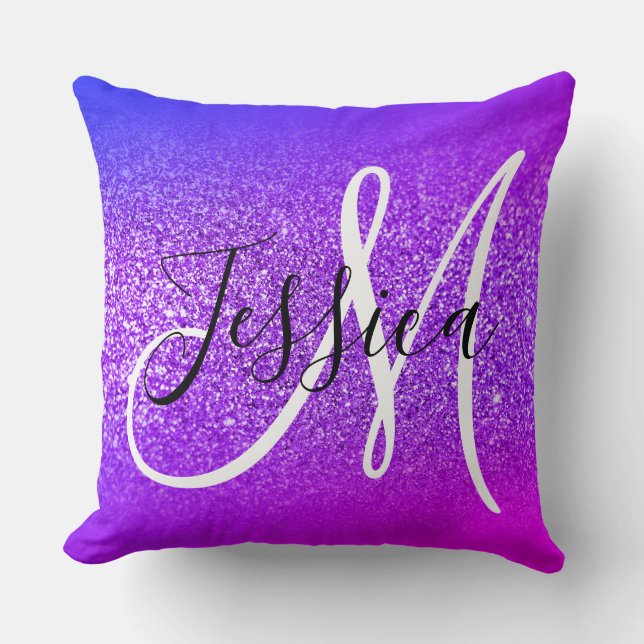Faux Violet Glitter Miami Ombre Monogram Kussen (Voorkant)