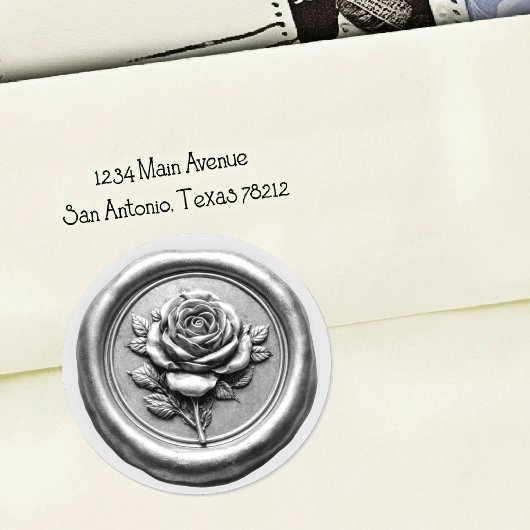 Faux Wax Seal Silver Rose Deep Impression Ronde Sticker