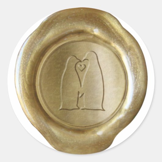 Faux Wax Seals - Goud - Aangepast - Pinguïn Love Ronde Sticker (Voorkant)