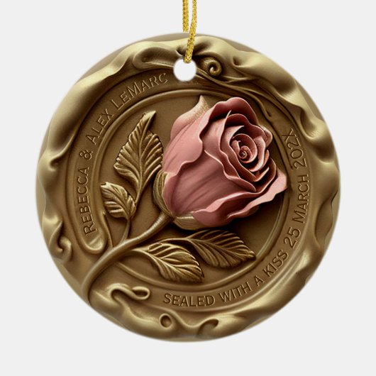 Faux Wax Stamp Gold Pink Rose Flower Anniversary Keramisch Ornament (Voorkant)
