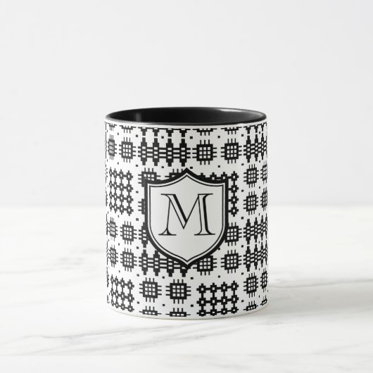 Faux Welsh Tapestry Pattern Monogram Black, White Mok (Midden)