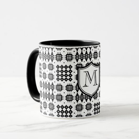 Faux Welsh Tapestry Pattern Monogram Black, White Mok (Voorkant links)