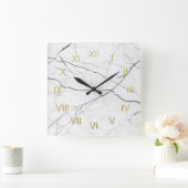 Faux White Marble Black met Gold Numerals Vierkante Klok (Huis)