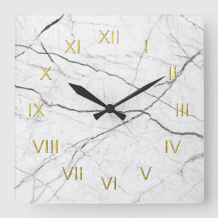 Faux White Marble Black met Gold Numerals Vierkante Klok