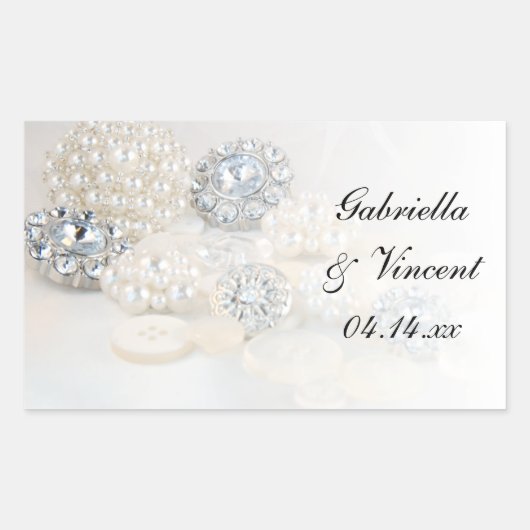 Faux White Pearl and Diamond Buttonnen Wedding Rechthoekige Sticker (Voorkant)