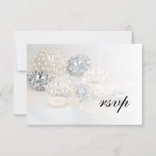 Faux White Pearl and Diamond Buttonnen Wedding RSVP Kaartje