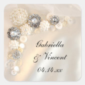 Faux White Pearl and Diamond Buttonnen Wedding Vierkante Sticker (Voorkant)