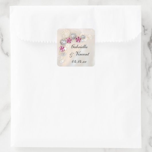 Faux White Pearl and Pink Diamond Buttonnen Weddin Vierkante Sticker (Tas)