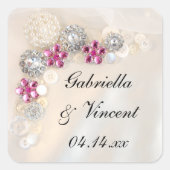 Faux White Pearl and Pink Diamond Buttonnen Weddin Vierkante Sticker (Voorkant)