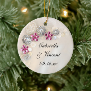 Faux White Pearls and Pink Diamond Buttonnen Weddi Keramisch Ornament